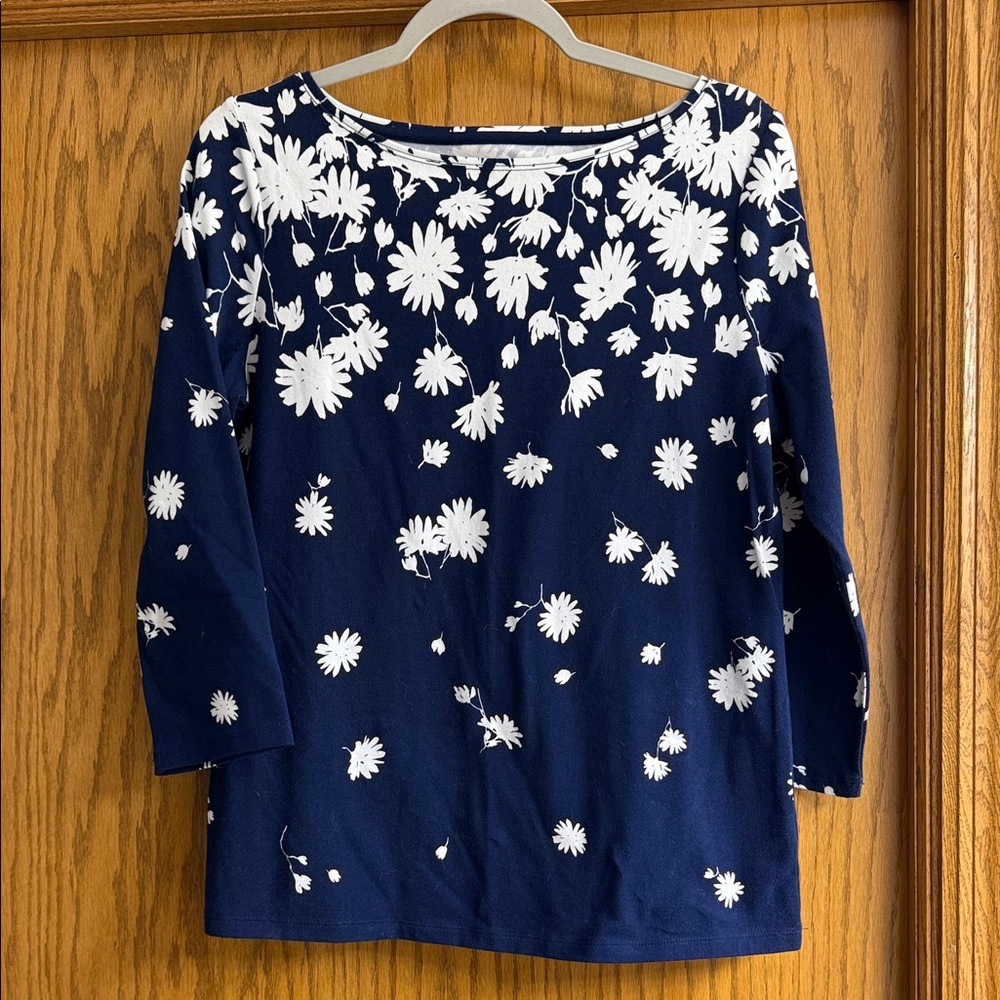 NEW Talbots Navy Blue Floral 3/4 Sleeve Top, Size Medium